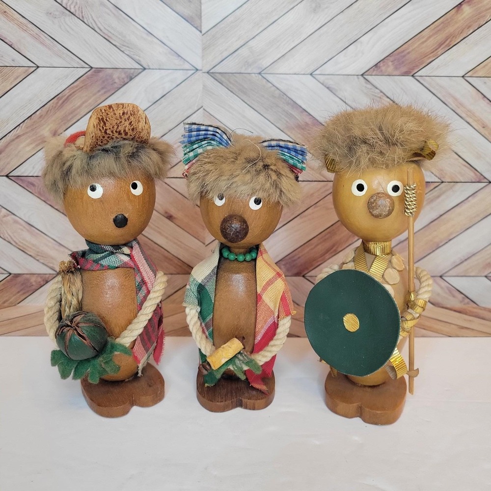 VTG Mid Century Modern Wooden Figurines Statuette Fur Hair Handmade Philippines